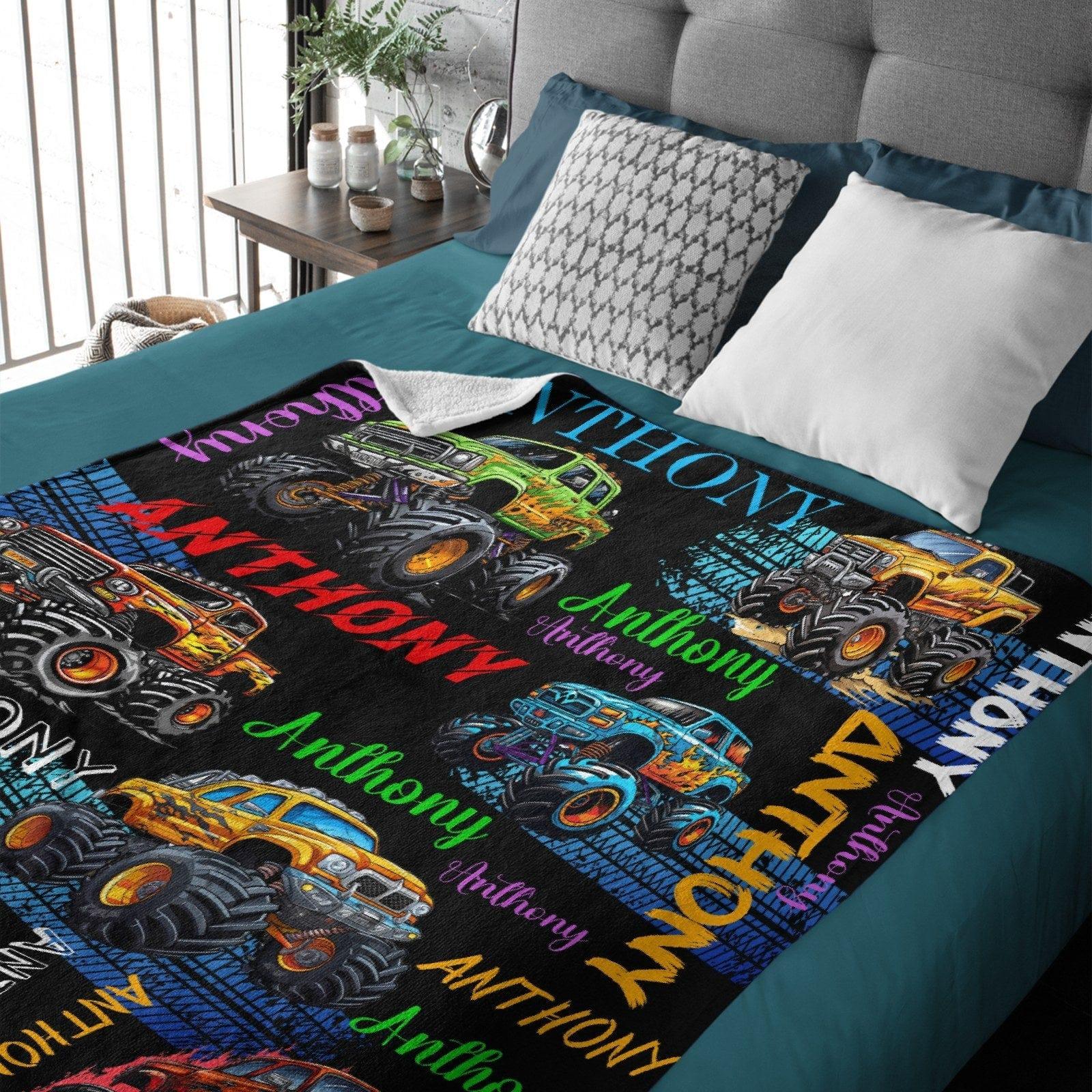 Monster Truck - Personalised Name Multi Colour Truck Pattern Blanket - A Gift For Child - Joliny