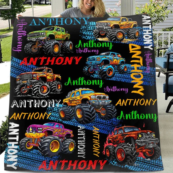 Monster Truck - Personalised Name Multi Colour Truck Pattern Blanket - A Gift For Child - Joliny