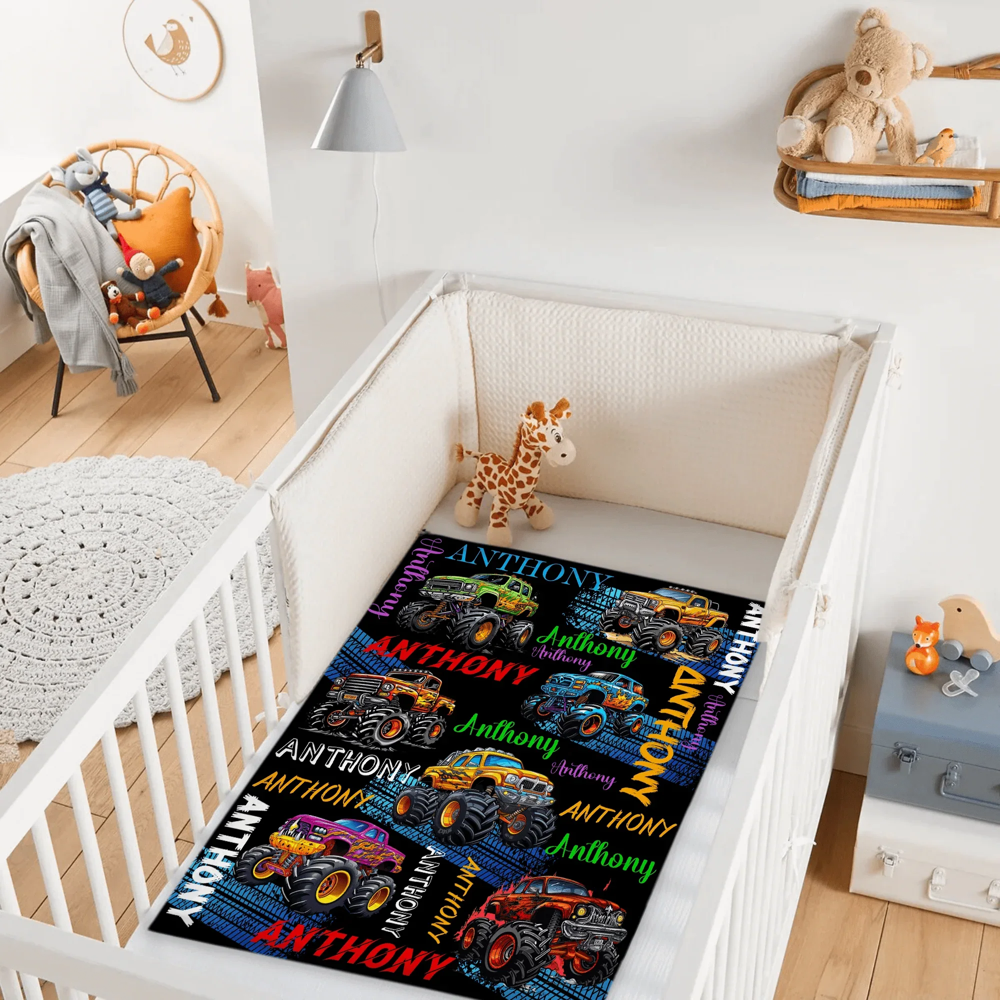 Monster Truck - Personalised Name Multi Colour Truck Pattern Blanket - A Gift For Child - Joliny