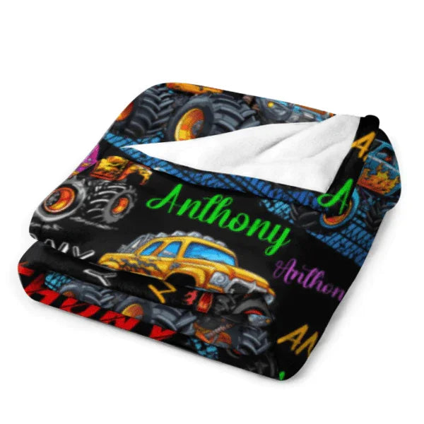 Monster Truck - Personalised Name Multi Colour Truck Pattern Blanket - A Gift For Child - Joliny