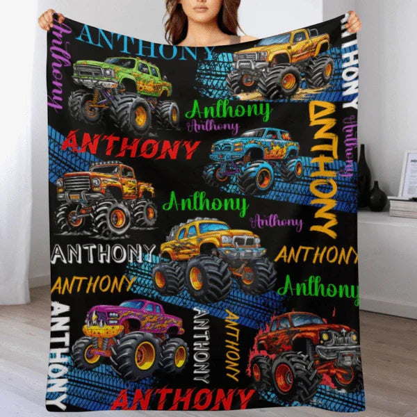 Monster Truck - Personalised Name Multi Colour Truck Pattern Blanket - A Gift For Child - Joliny