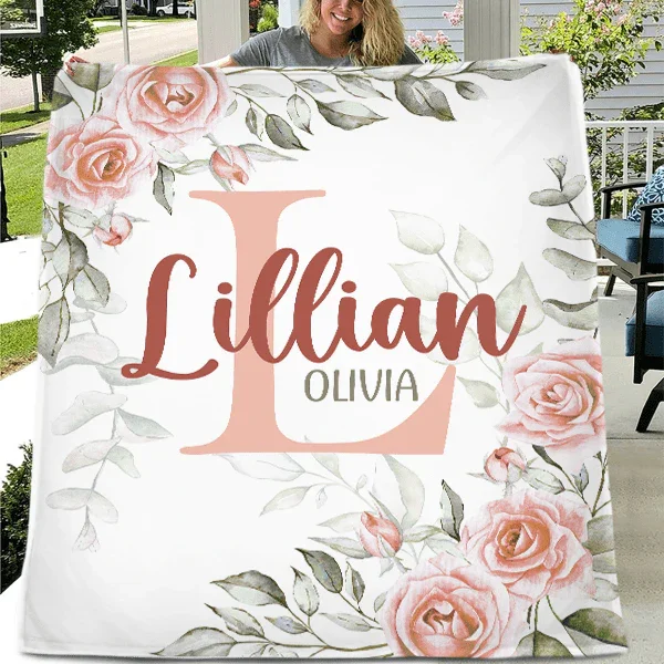 Pale Pink Watercolor Rose Name Blanket - Joliny