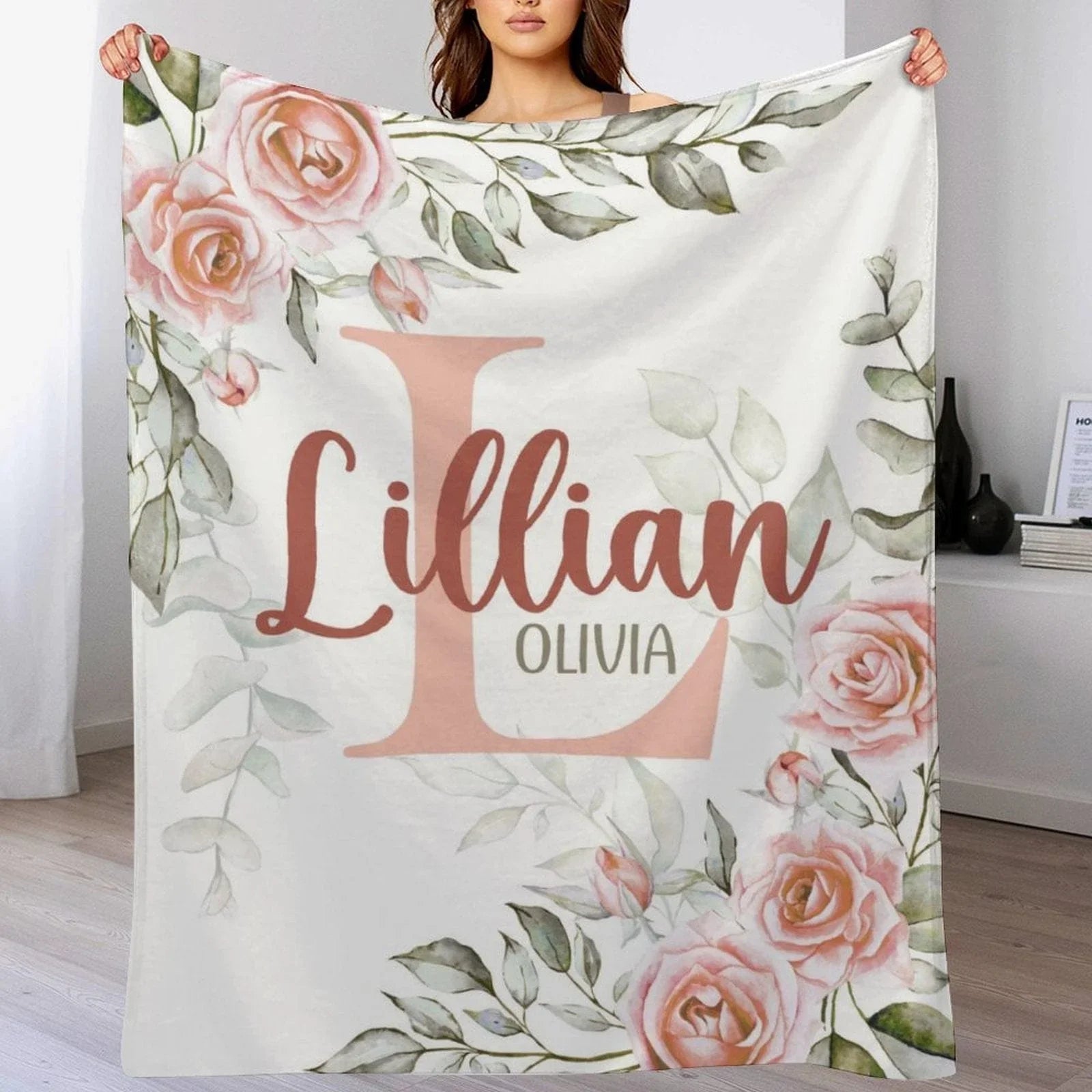 Pale Pink Watercolor Rose Name Blanket - Joliny