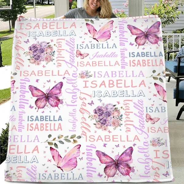 Personalised Purple Butterfly Floral Baby Blanket - Customised Gift for Baby Shower - Joliny