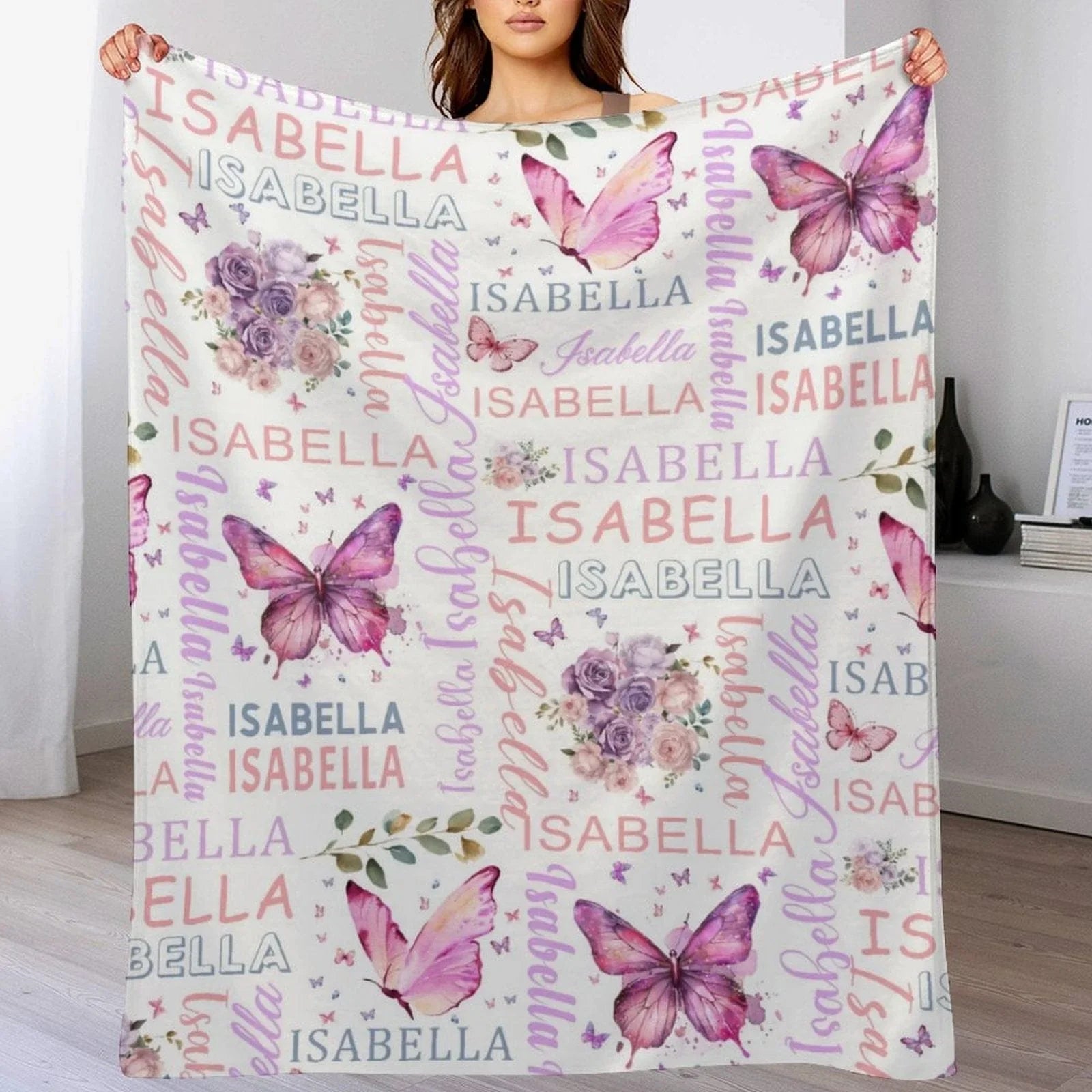 Personalised Purple Butterfly Floral Baby Blanket - Customised Gift for Baby Shower - Joliny