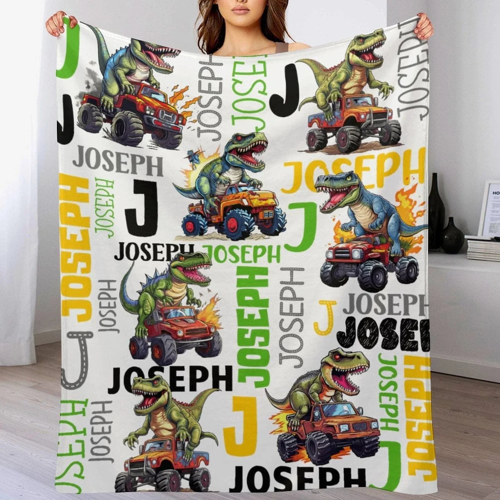 Personalized Baby Blanket Dinosaur Flame Pickup Name Custom Blanket - Joliny