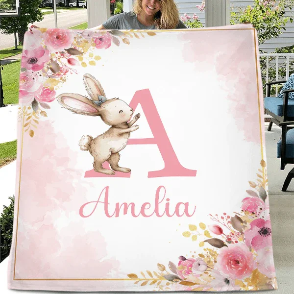 Personalized Baby Blanket with Name, Pink Bunny - Joliny