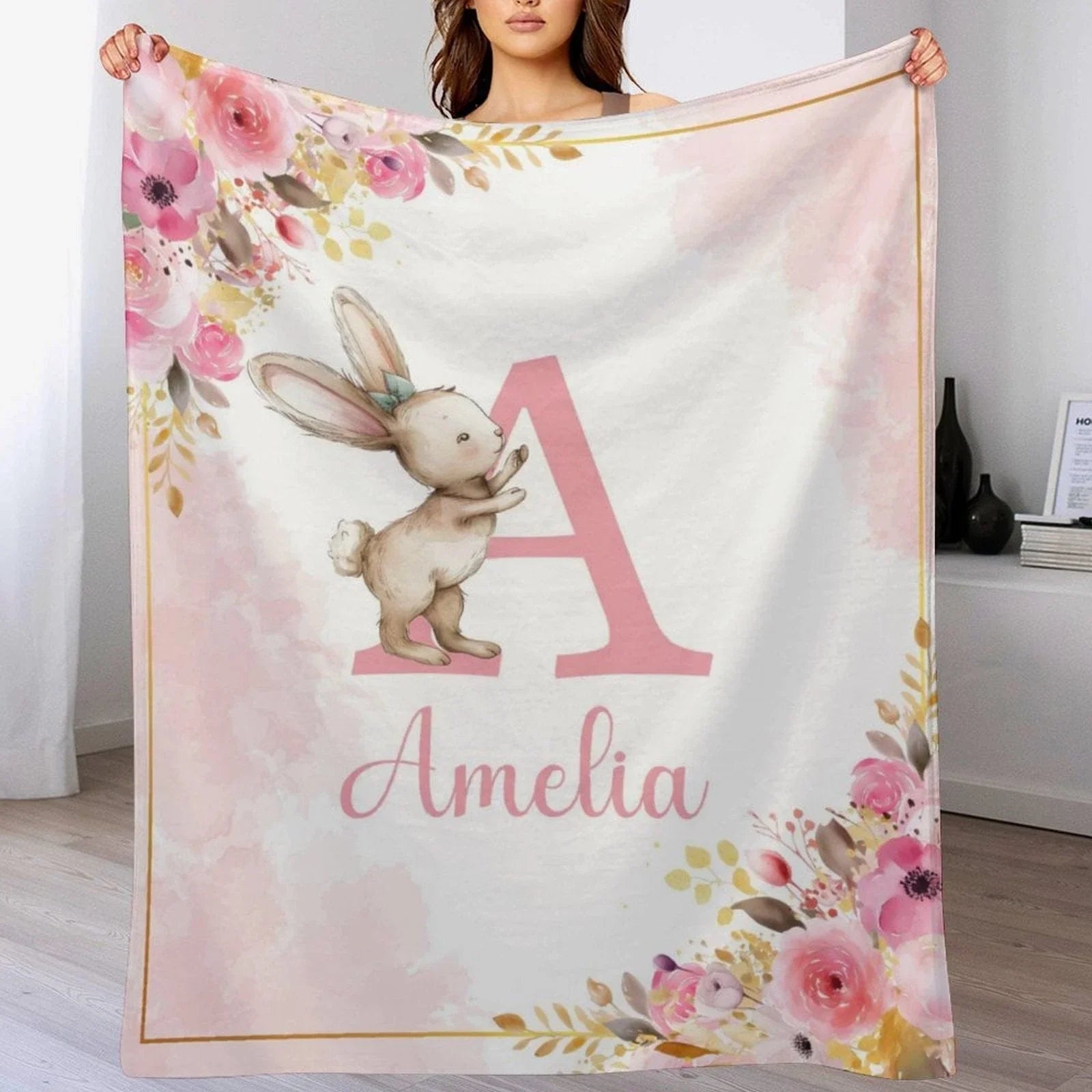 Personalized Baby Blanket with Name, Pink Bunny - Joliny