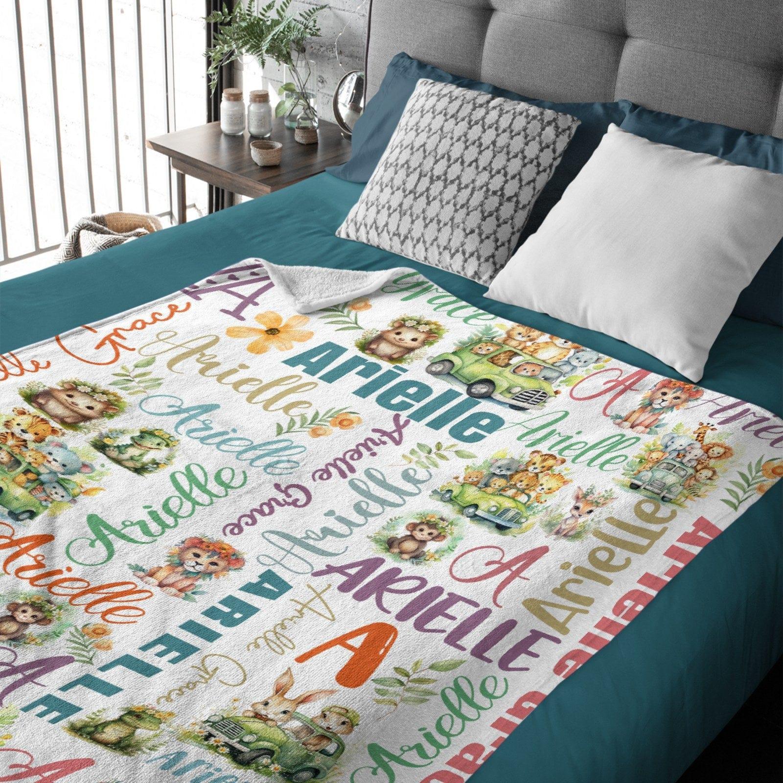 Personalized Baby Girls Blanket - Customizable Name Art Safari Theme Blanket - Joliny