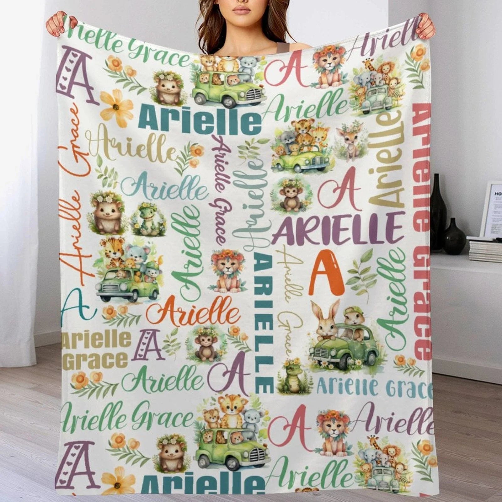 Personalized Baby Girls Blanket - Customizable Name Art Safari Theme Blanket - Joliny