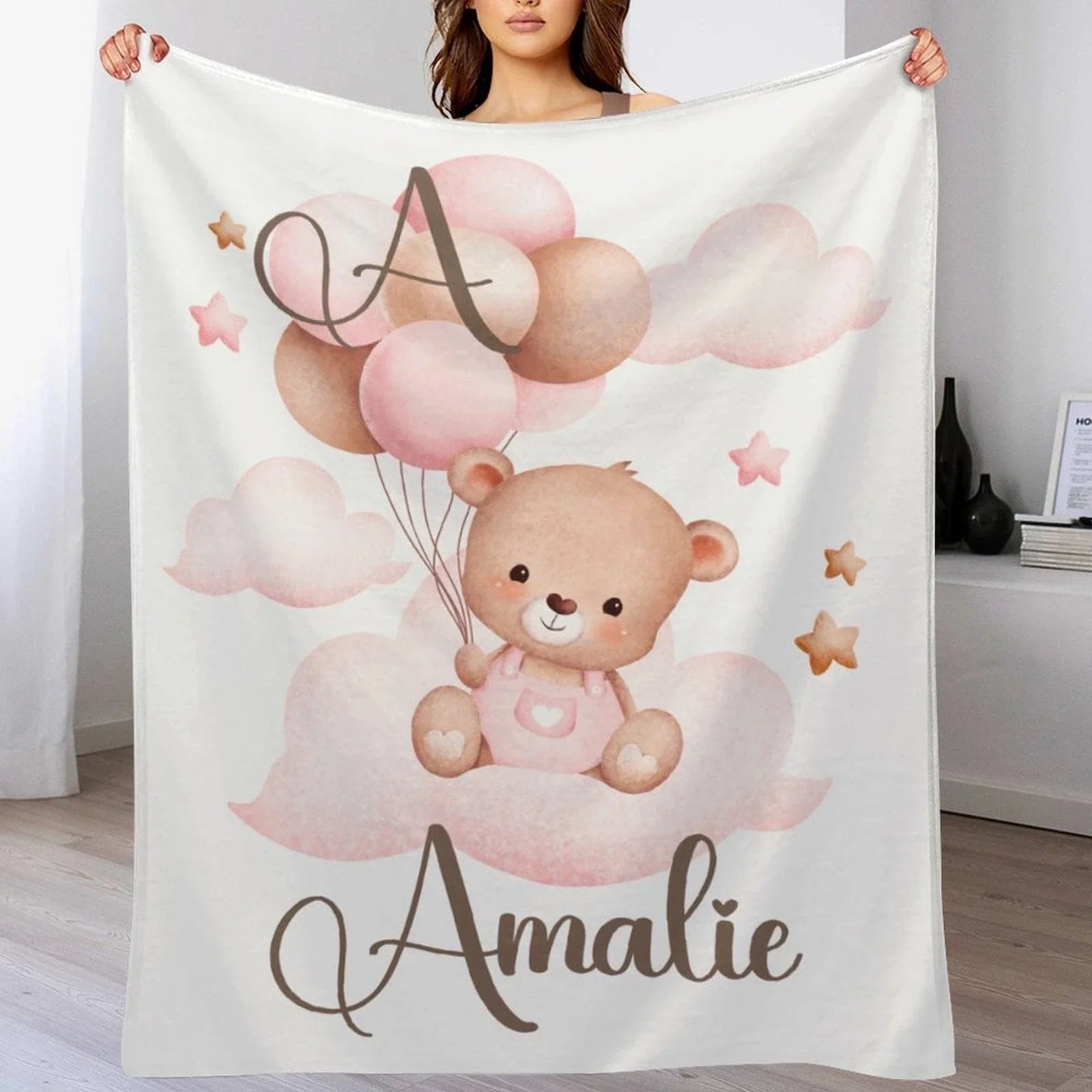Personalized Balloon Bear Baby Name Blanket - Joliny