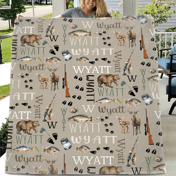 Personalized Hunting Fishing Blanket - Custom Hunting Baby Blanket- Hunting Baby Blanket - Personalized Name Blanket - Outdoors Bear Deer - Joliny