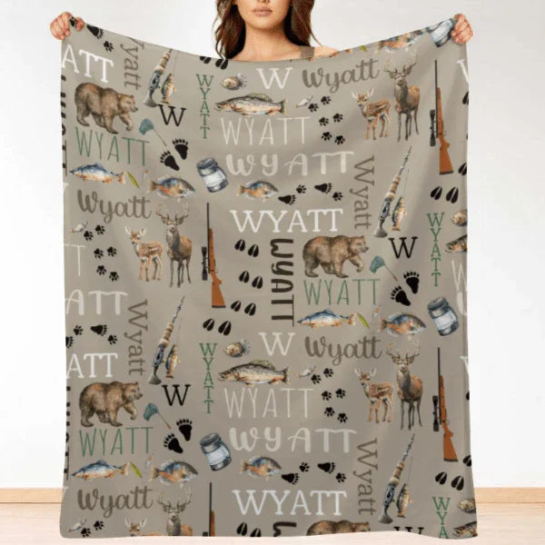 Personalized Hunting Fishing Blanket - Custom Hunting Baby Blanket- Hunting Baby Blanket - Personalized Name Blanket - Outdoors Bear Deer - Joliny