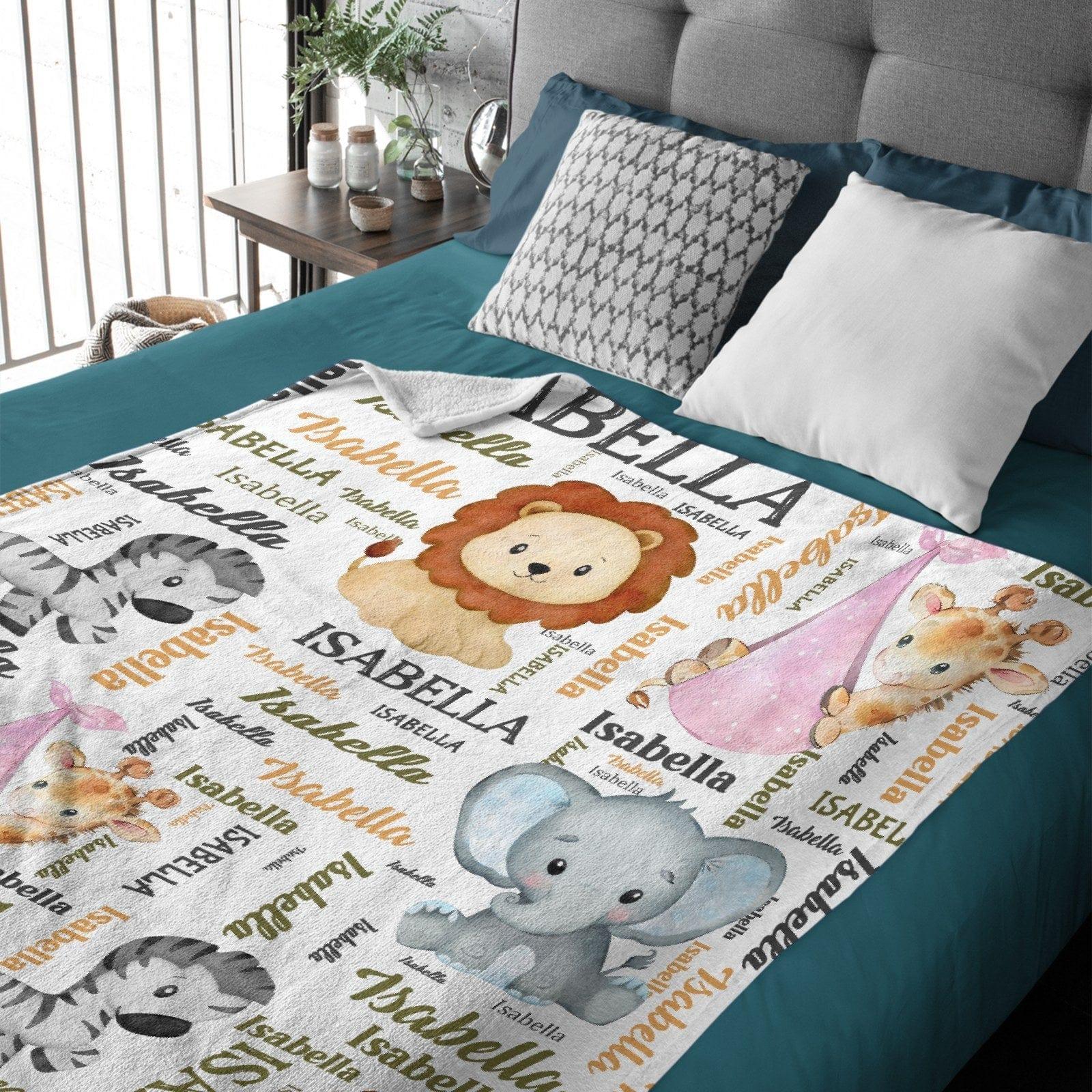 Personalized Pink Pocket Deer, Elephant, Zebra, Lion Animal Blanket With Colorful Names - Joliny