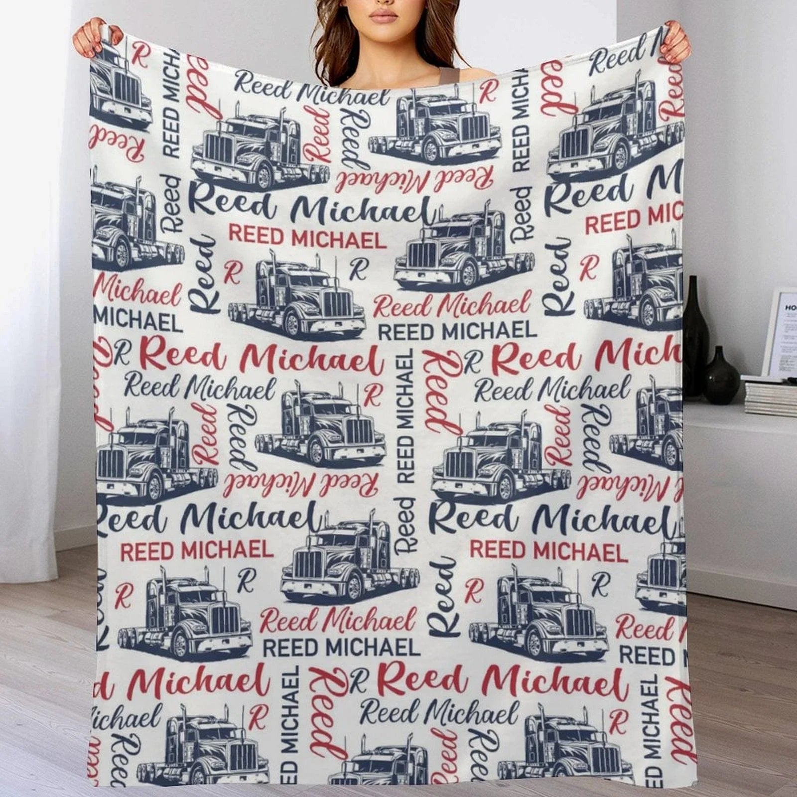 Personalized Semi Truck Baby Boy Blanket, Trucker Name Blanket - Joliny