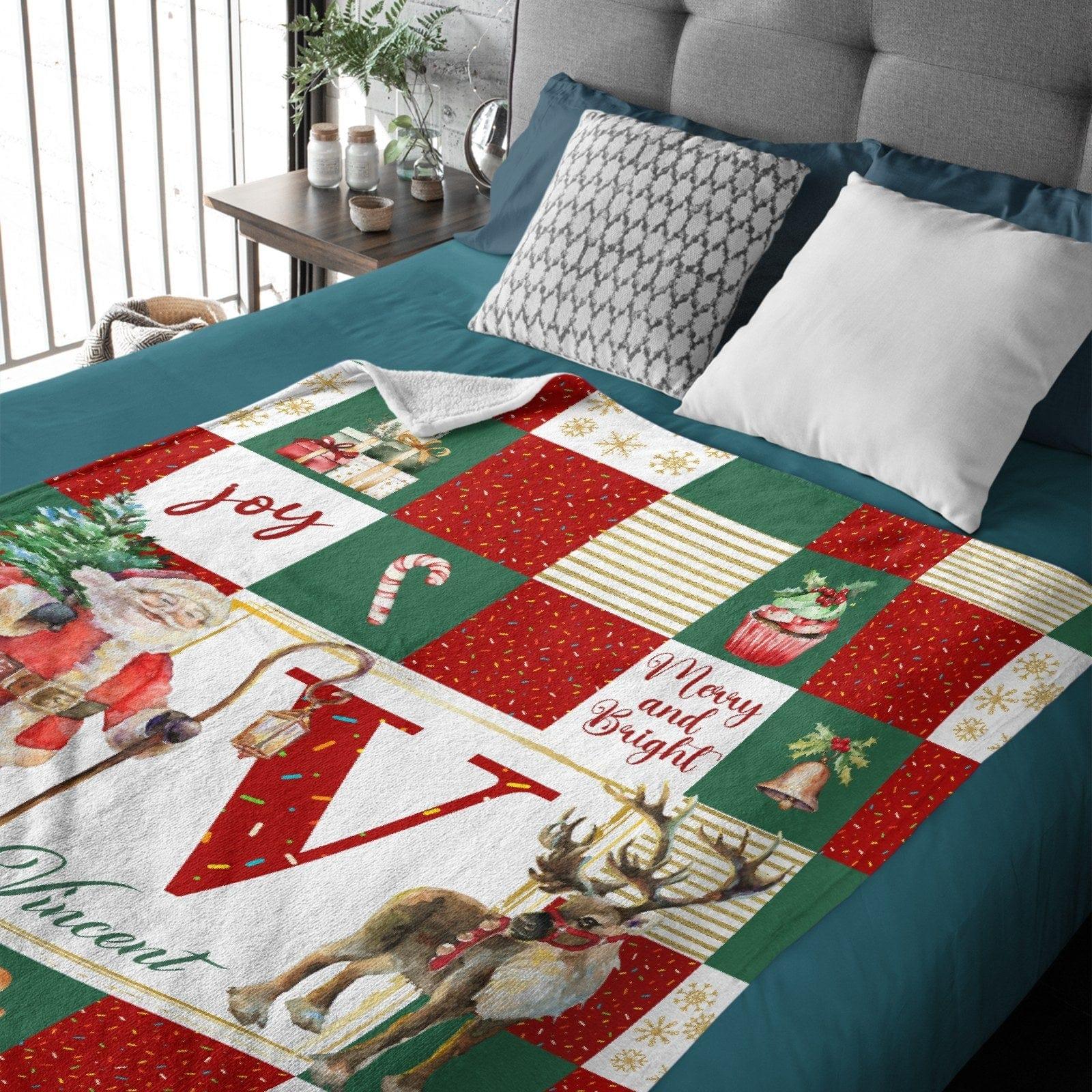 Personalized Soft Flannel Sherpa Santa Claus and Deer Blanket with Name Christmas Gift for Family or Friend - Joliny