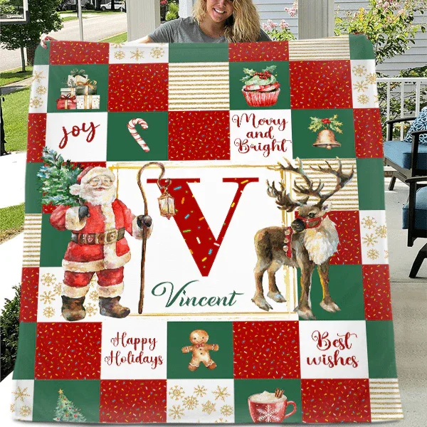 Personalized Soft Flannel Sherpa Santa Claus and Deer Blanket with Name Christmas Gift for Family or Friend - Joliny
