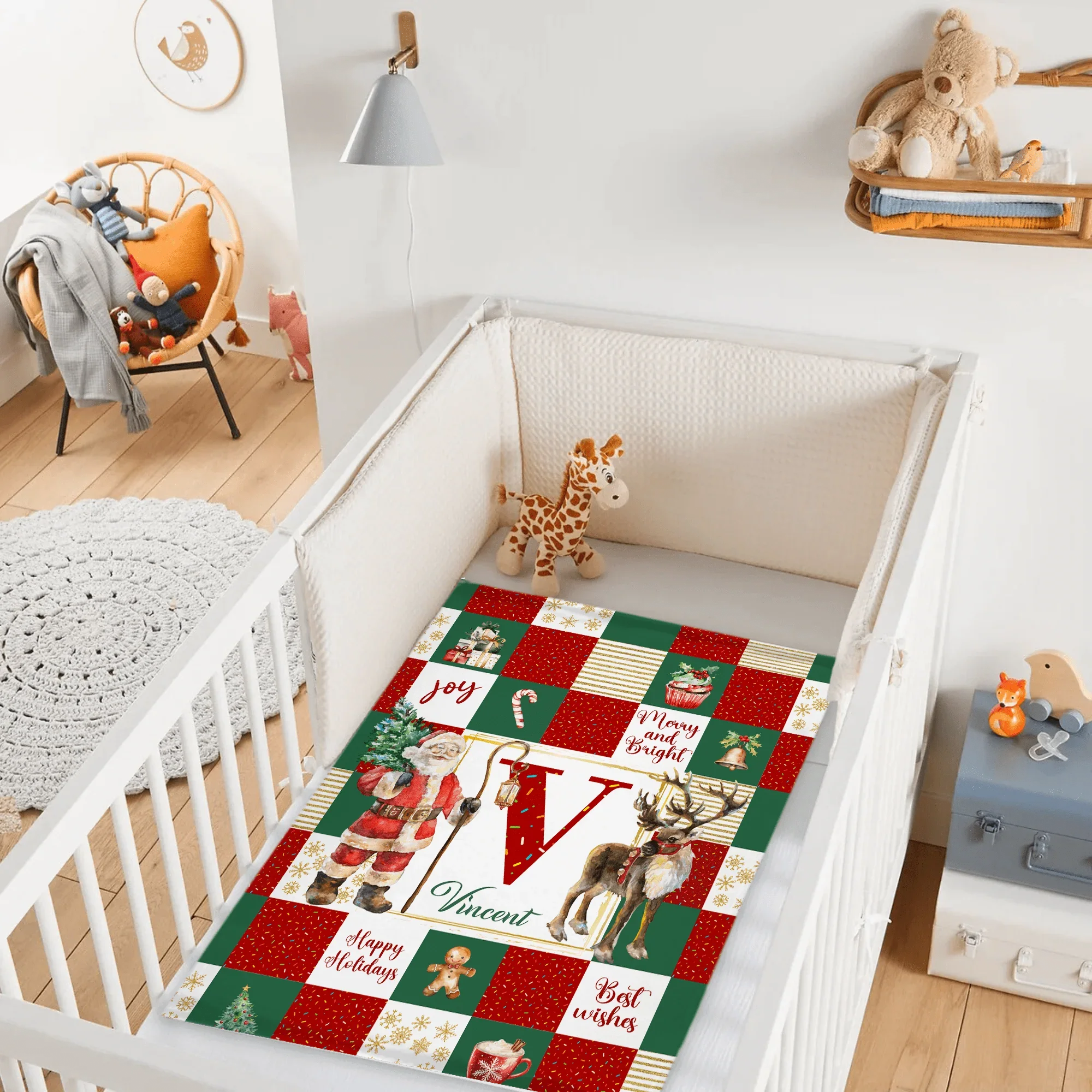 Personalized Soft Flannel Sherpa Santa Claus and Deer Blanket with Name Christmas Gift for Family or Friend - Joliny