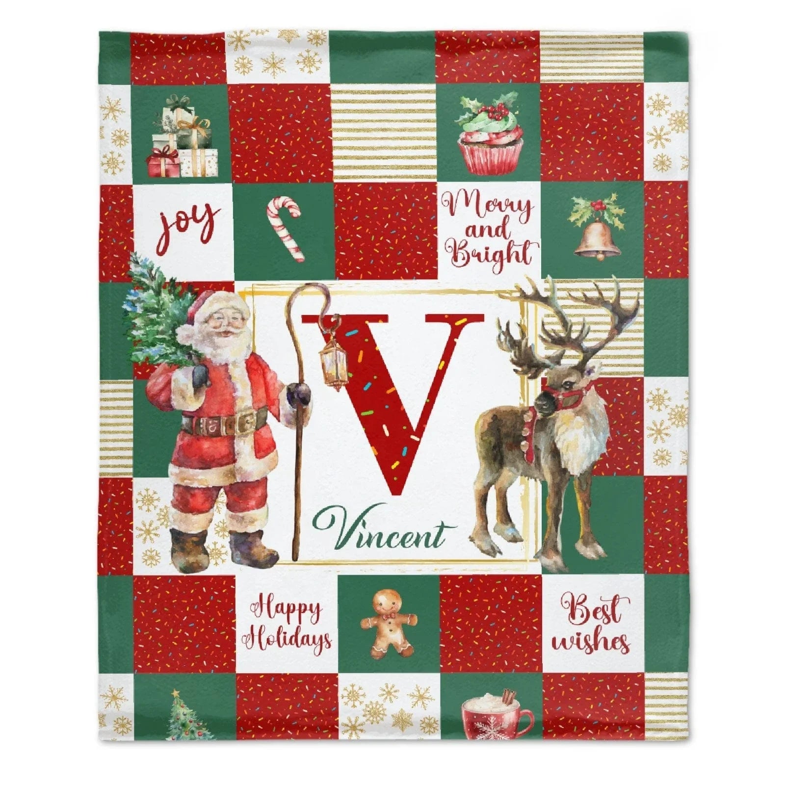 Personalized Soft Flannel Sherpa Santa Claus and Deer Blanket with Name Christmas Gift for Family or Friend - Joliny