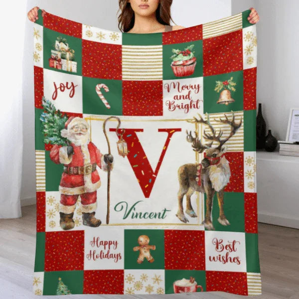Personalized Soft Flannel Sherpa Santa Claus and Deer Blanket with Name Christmas Gift for Family or Friend - Joliny