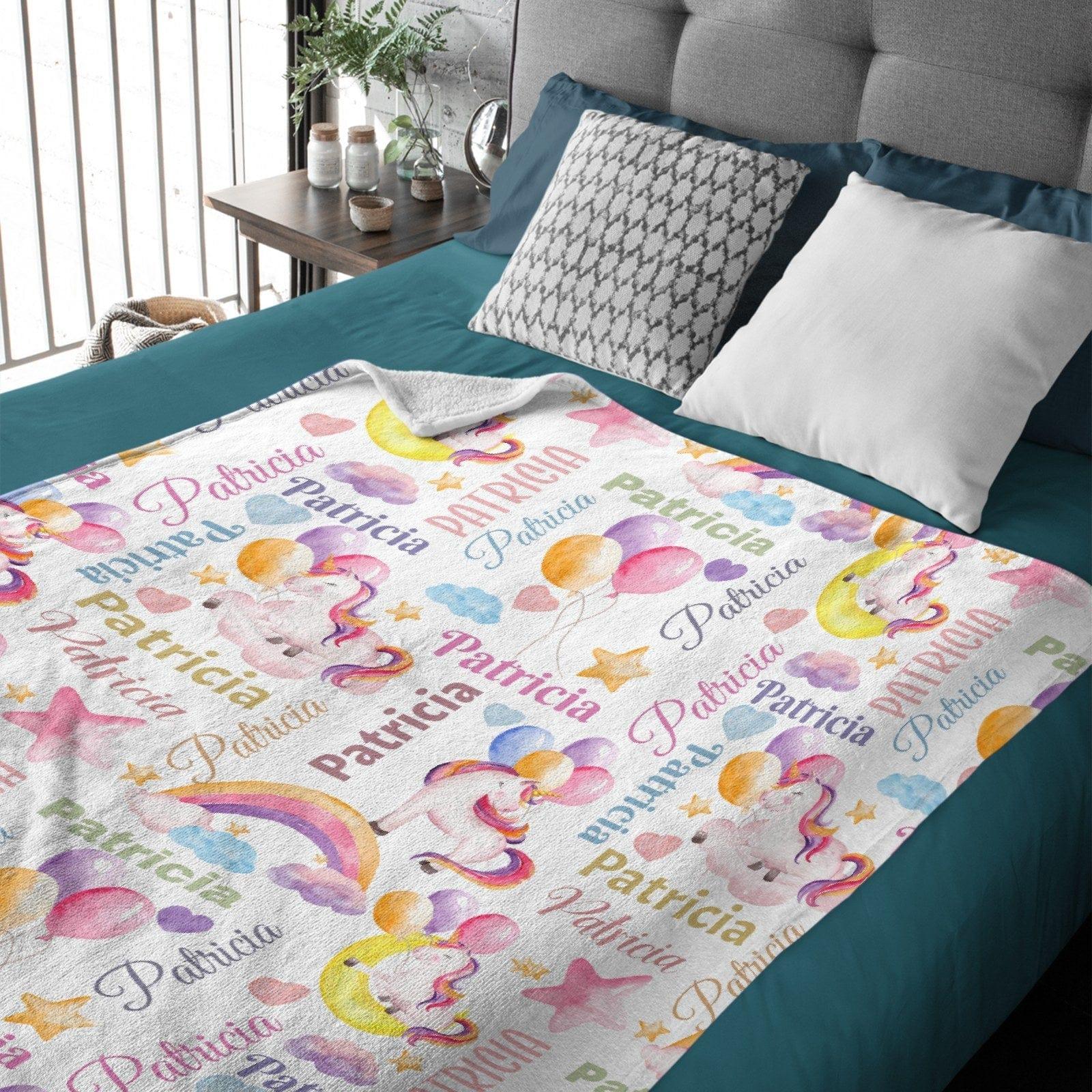 Personalized Unicorn Blanket for Baby Girl, Custom Name Rainbow Balloon Pattern Throw - Joliny