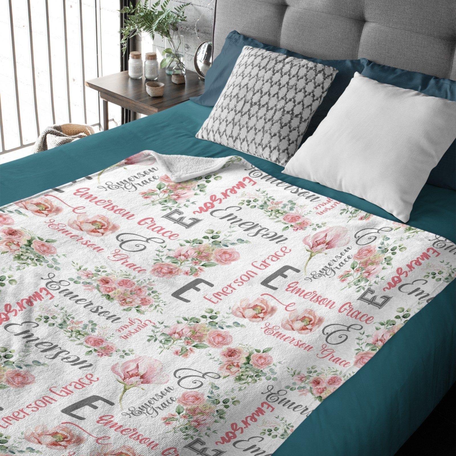 Pink Rose Blanket - Pink Floral Baby Name Custom Personalized Blanket - Baby Girl Personalized Blanket Newborn Gift - Joliny