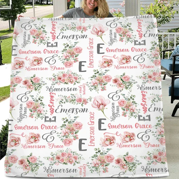 Pink Rose Blanket - Pink Floral Baby Name Custom Personalized Blanket - Baby Girl Personalized Blanket Newborn Gift - Joliny
