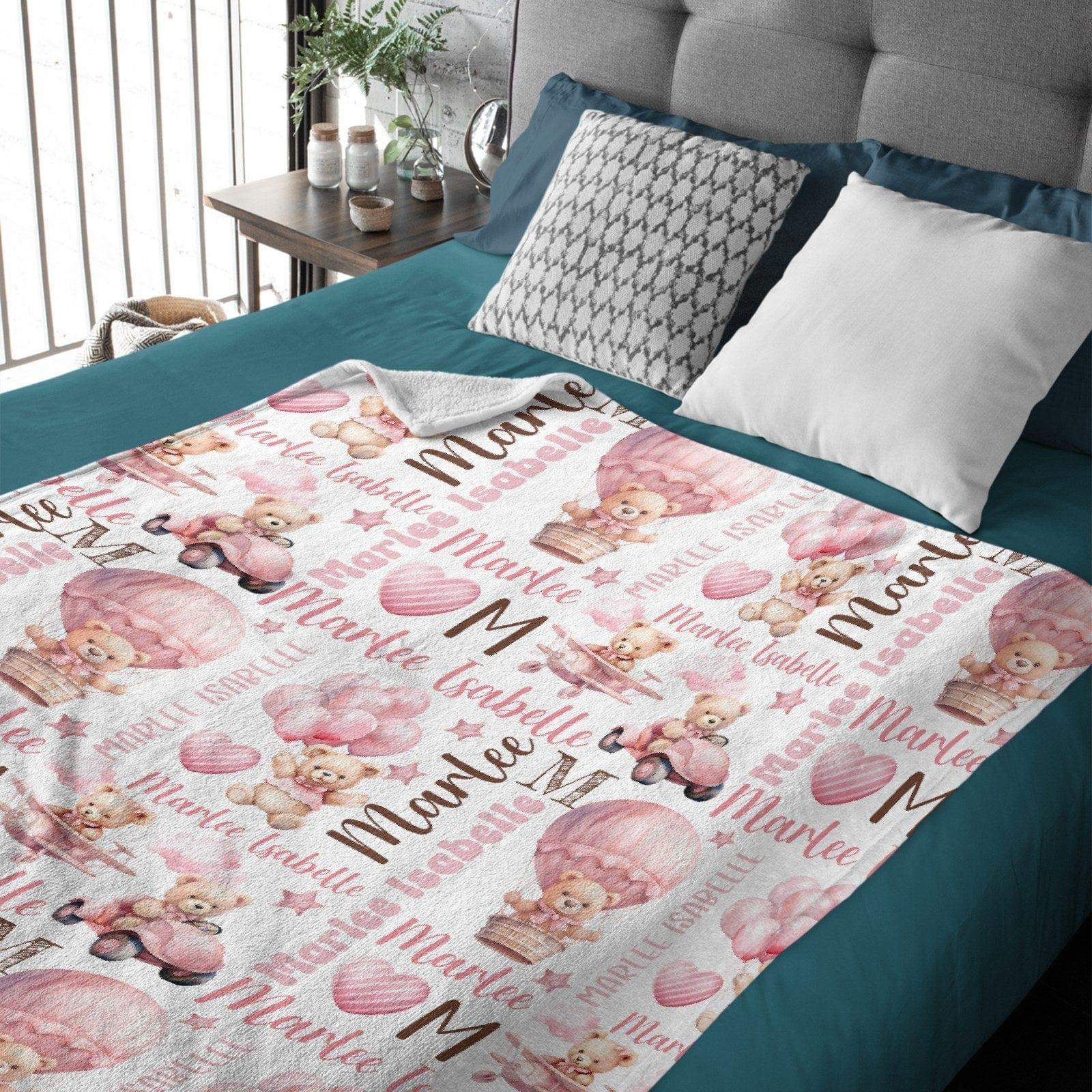 Pink Teddy Bear Baby Girl Blanket, Personalized Baby Blanket, Bear with Balloons - Joliny