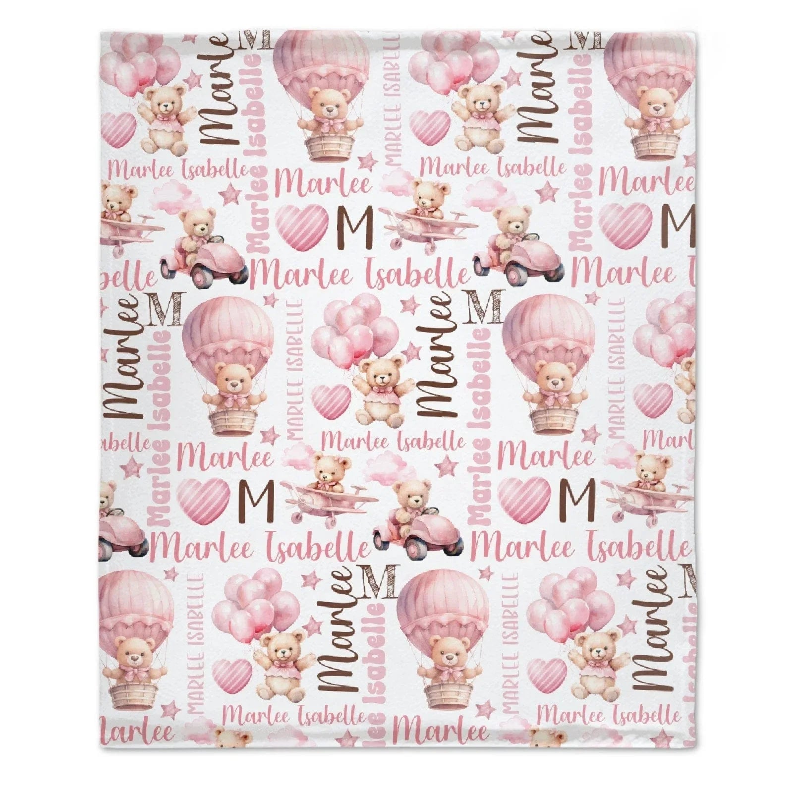 Pink Teddy Bear Baby Girl Blanket, Personalized Baby Blanket, Bear with Balloons - Joliny