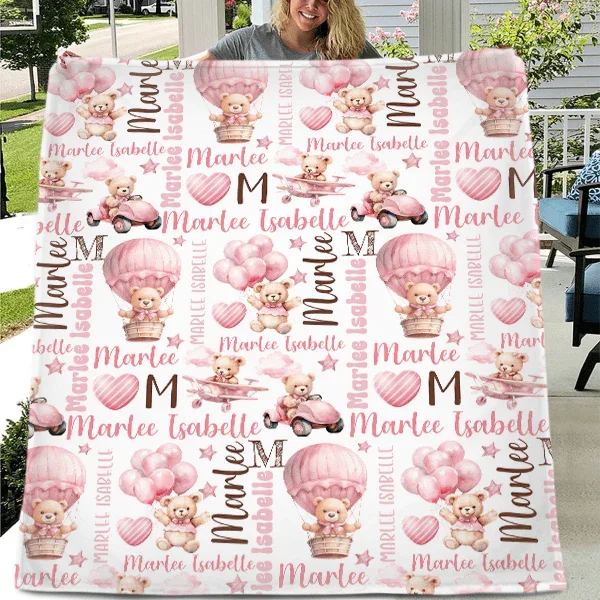 Pink Teddy Bear Baby Girl Blanket, Personalized Baby Blanket, Bear with Balloons - Joliny