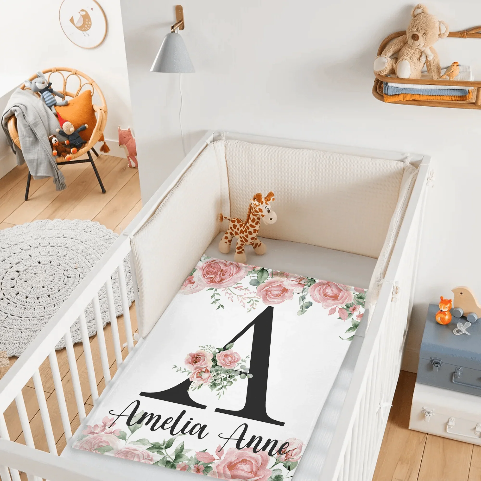 Pink Watercolor floral Monogram Baby Blanket - Joliny