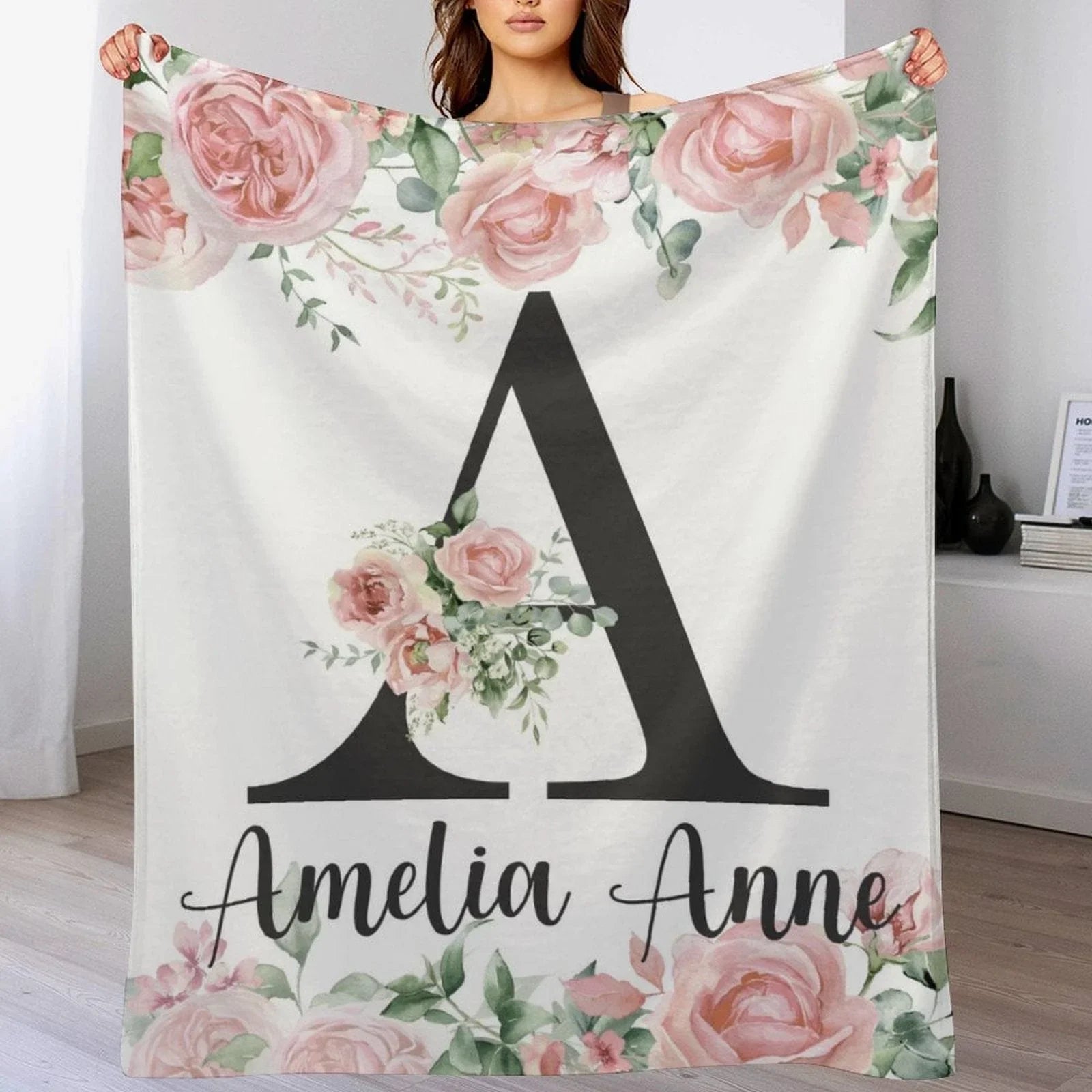 Pink Watercolor floral Monogram Baby Blanket - Joliny
