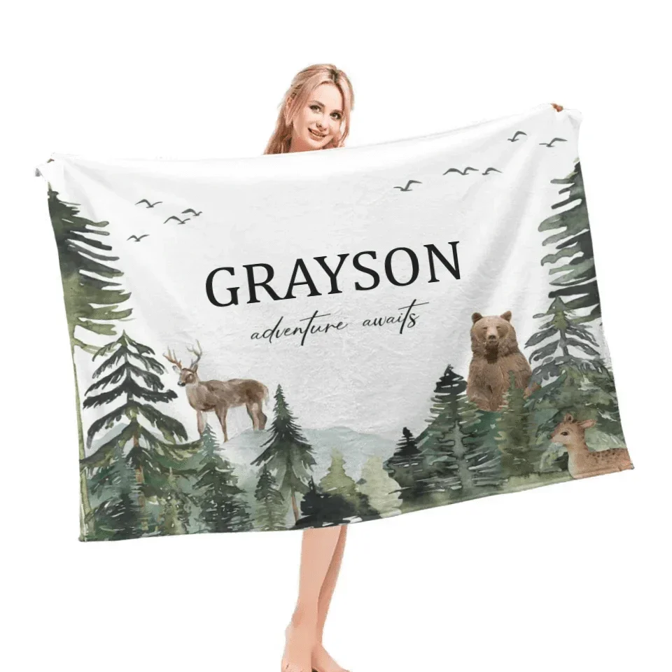 Adventure Awaits - Personalized Name Woodland Blanket - A Gift For Child - Joliny