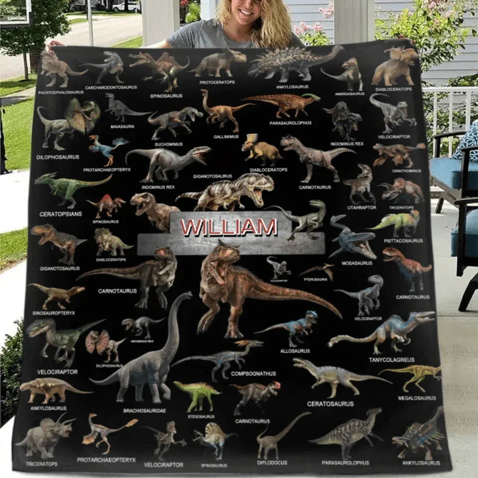 Jurassic Dinosaur Rally - Dinosaur Themed Personalised Name Blanket And Pillowcase- Gifts for Child,Friend,Dinosaur Fanatics - Joliny