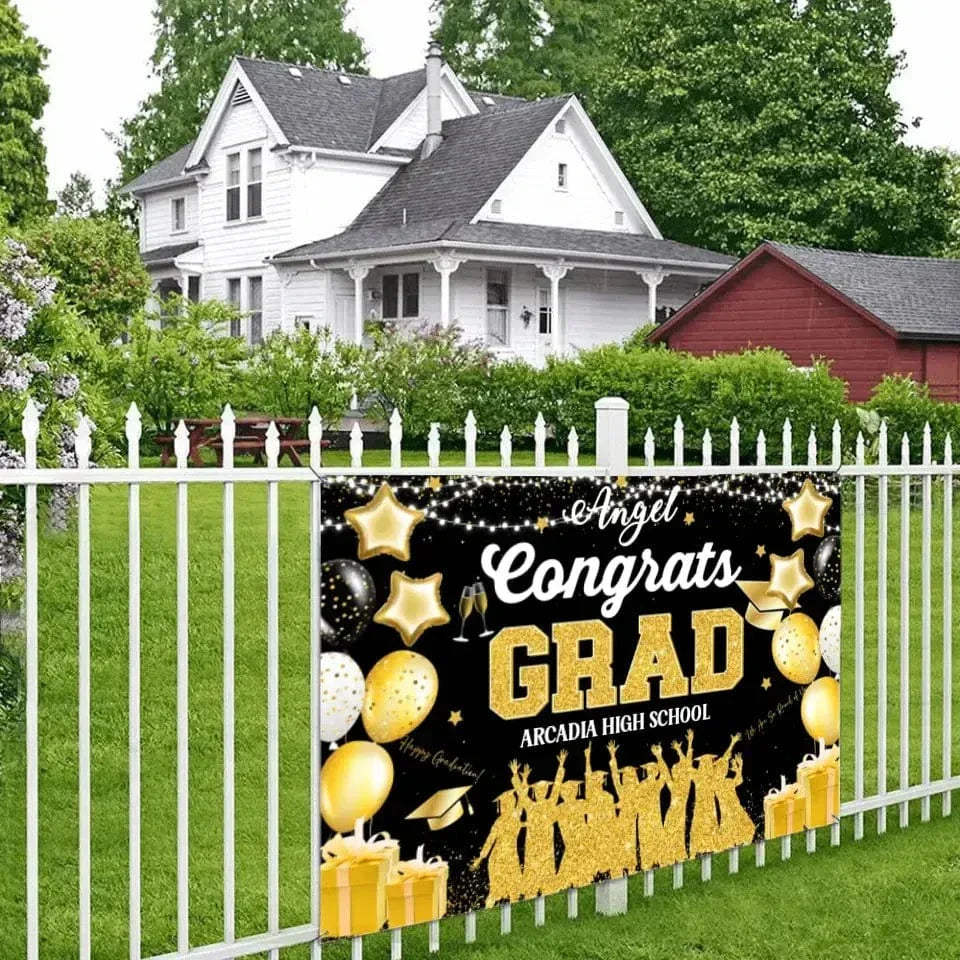 Blue and Gold Large Size Congrats Grad Background Banner, Balloon Star and Small Round White Lamp - Joliny