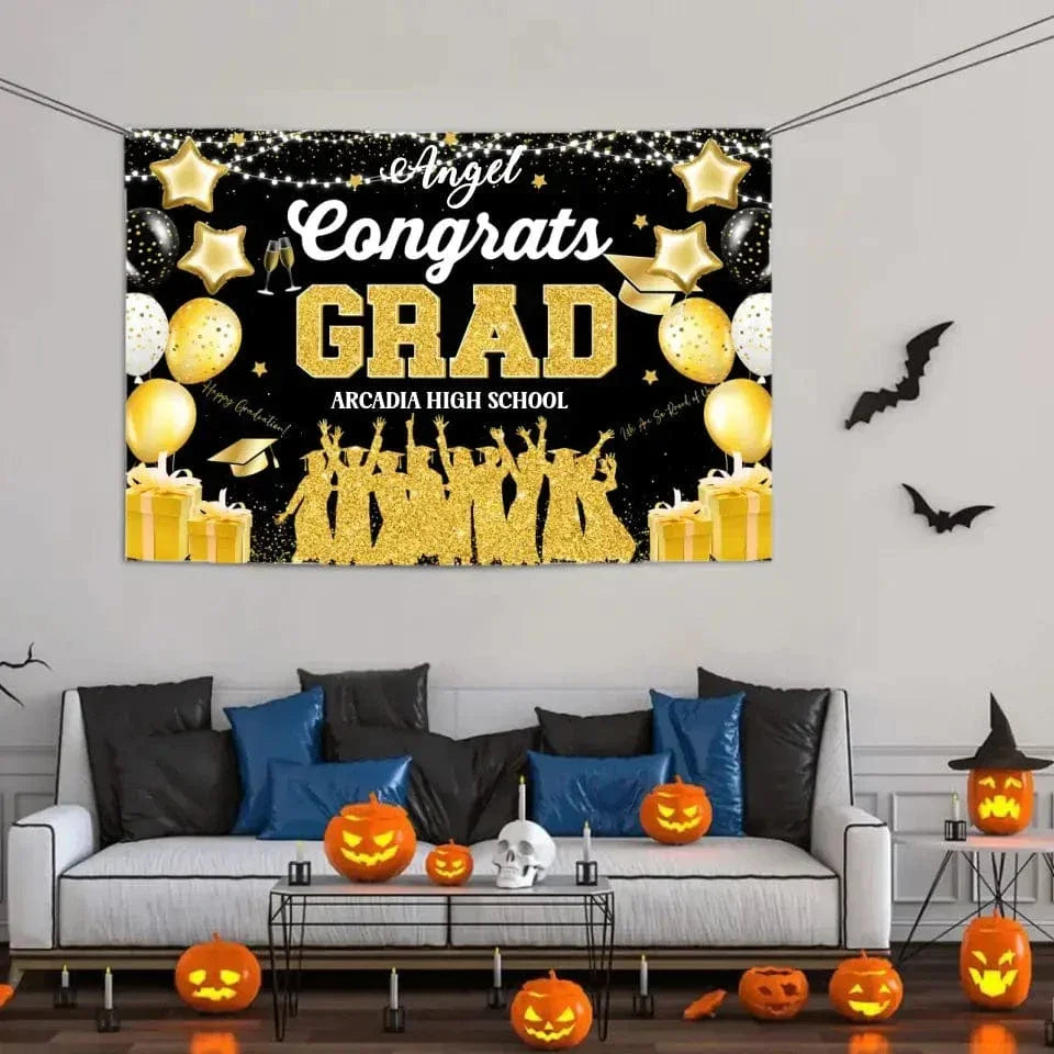 Blue and Gold Large Size Congrats Grad Background Banner, Balloon Star and Small Round White Lamp - Joliny