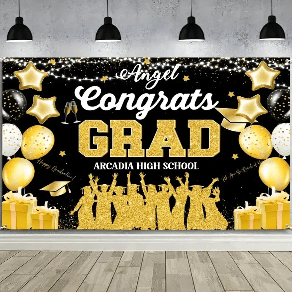 Blue and Gold Large Size Congrats Grad Background Banner, Balloon Star and Small Round White Lamp - Joliny