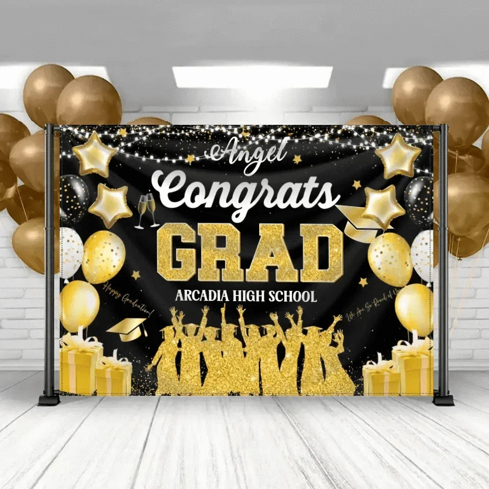 Blue and Gold Large Size Congrats Grad Background Banner, Balloon Star and Small Round White Lamp - Joliny