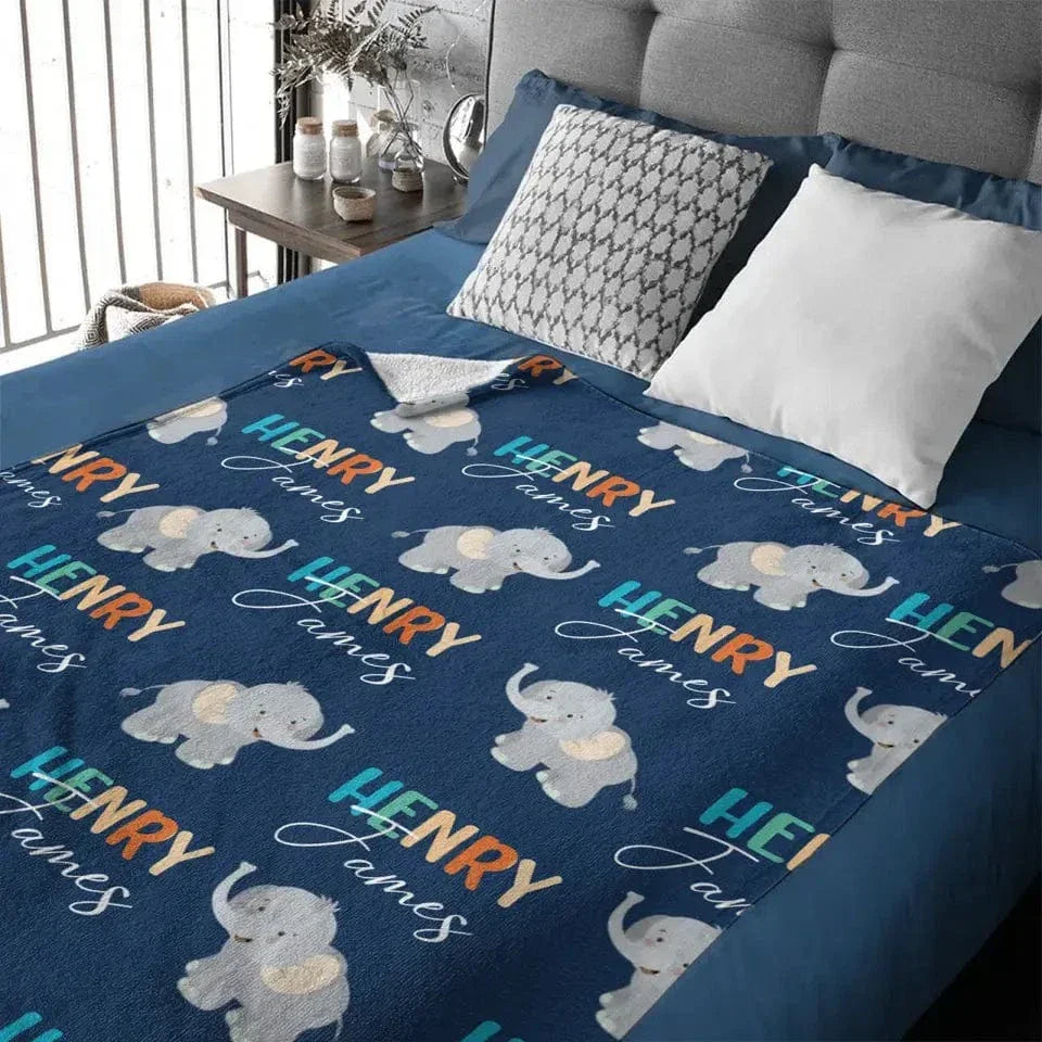 Boy Personalized Elephant Baby Blanket, Custom Name Gift for Kids - Joliny