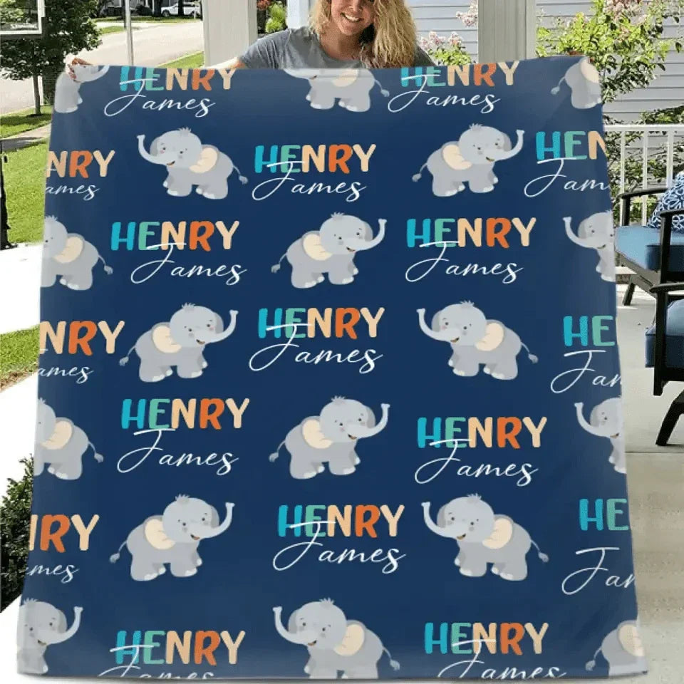 Boy Personalized Elephant Baby Blanket, Custom Name Gift for Kids - Joliny