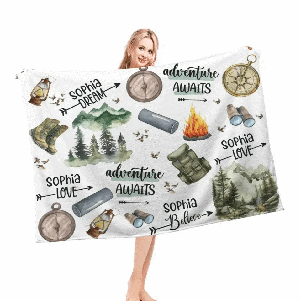 Camping Themed Customized Blankets - Personalized Name Camping Pattern Flannel Blanket - A Gift For Camping Lovers - Joliny