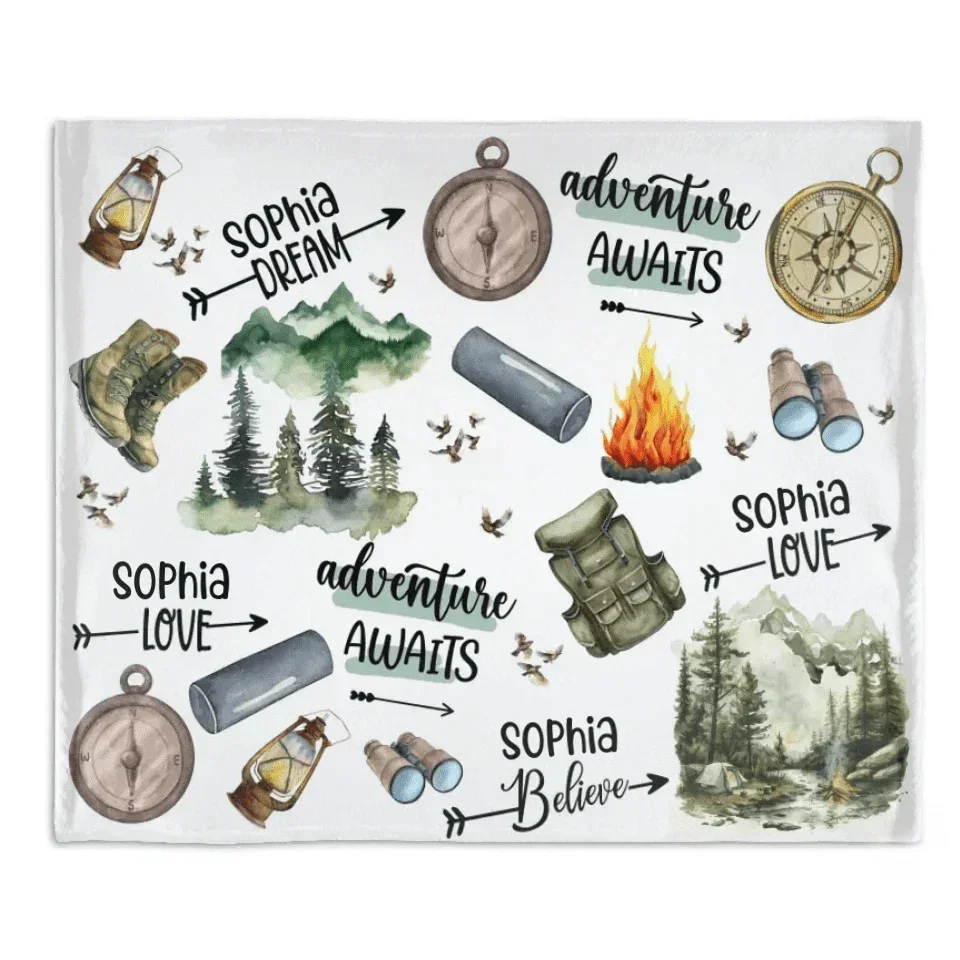Camping Themed Customized Blankets - Personalized Name Camping Pattern Flannel Blanket - A Gift For Camping Lovers - Joliny