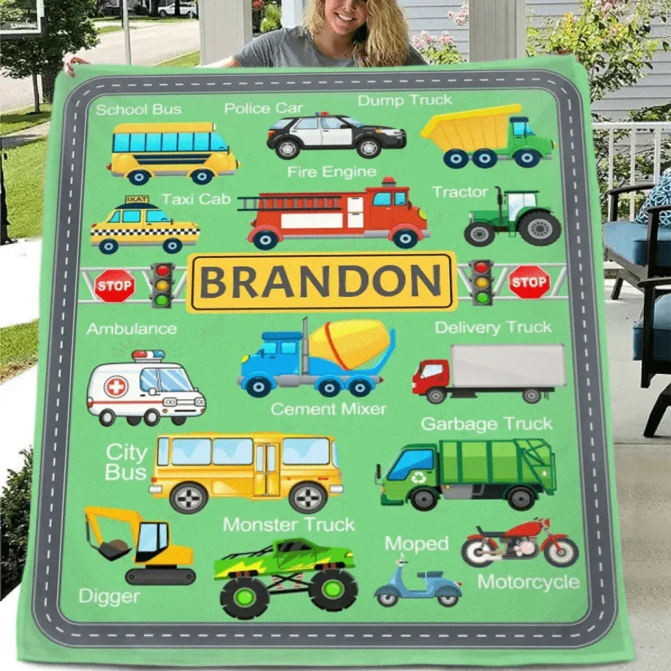 Cars, Trucks And Diggers - Personalised multicolour Blanket With Name - A Gift For Child - Joliny