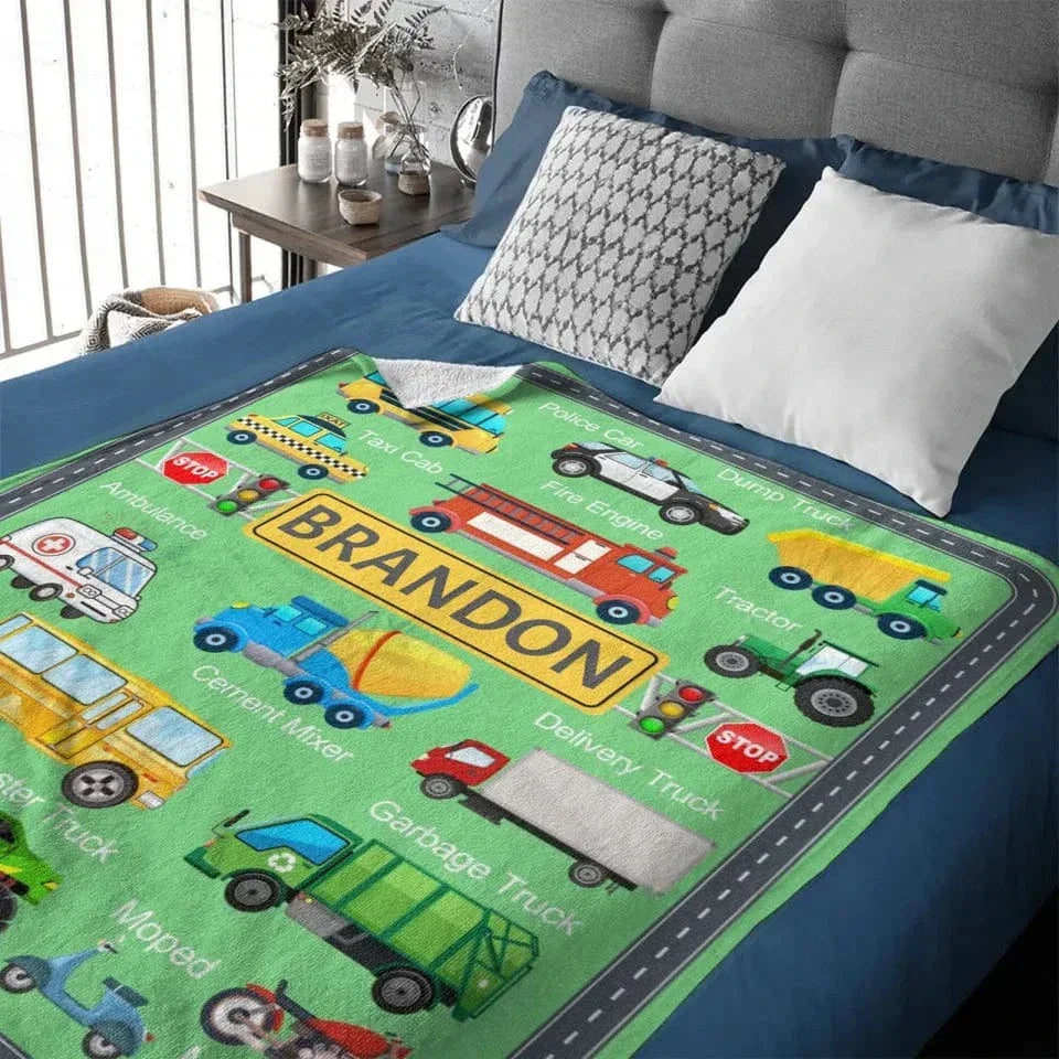 Cars, Trucks And Diggers - Personalised multicolour Blanket With Name - A Gift For Child - Joliny
