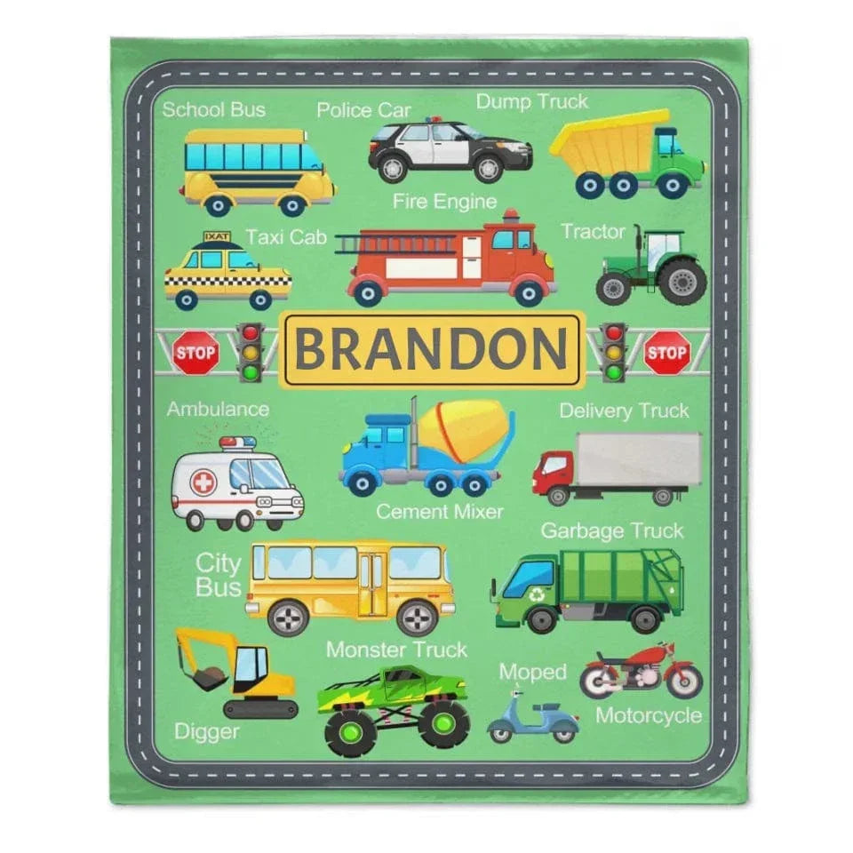 Cars, Trucks And Diggers - Personalised multicolour Blanket With Name - A Gift For Child - Joliny