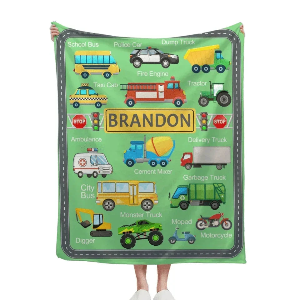 Cars, Trucks And Diggers - Personalised multicolour Blanket With Name - A Gift For Child - Joliny