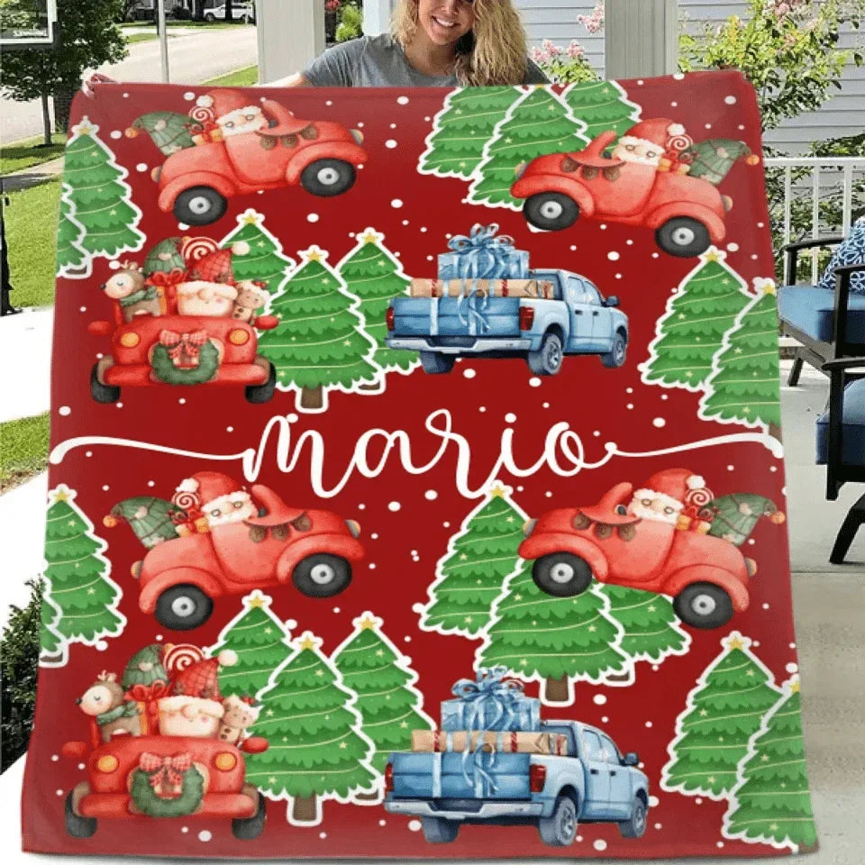 Cartoon Santa Claus Customized Christmas Blanket - Christmas Classic Red and Green Personalized Name Soft Flannel Blanket - Christmas Gift For Child - Joliny