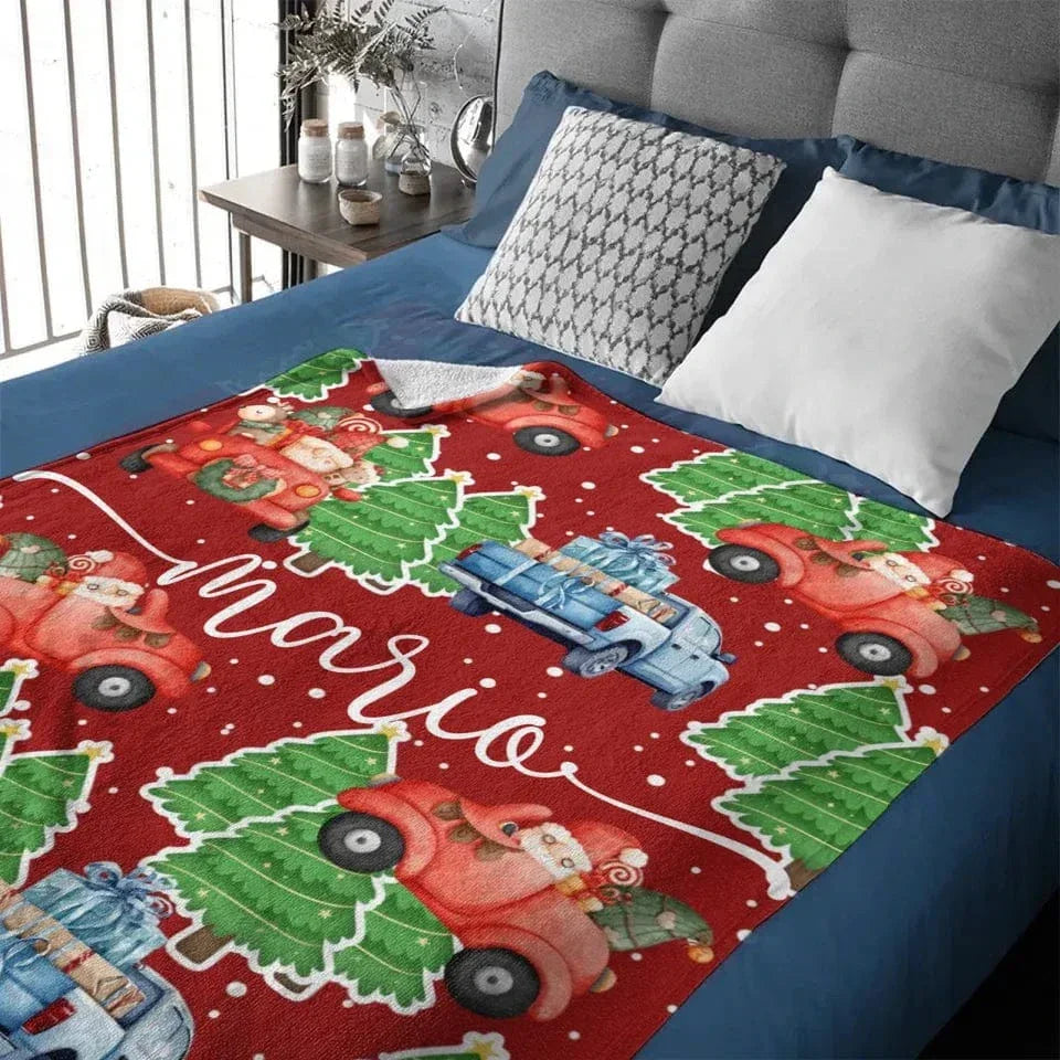 Cartoon Santa Claus Customized Christmas Blanket - Christmas Classic Red and Green Personalized Name Soft Flannel Blanket - Christmas Gift For Child - Joliny