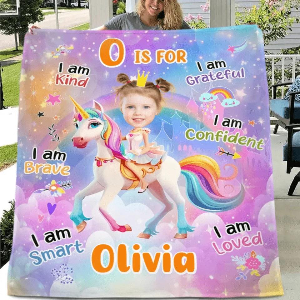 Cartoon Unicorn Customized Blanket - Personalized Name and Photo Soft Flannel Blanket - A Gift For Daughters, Girls - Joliny