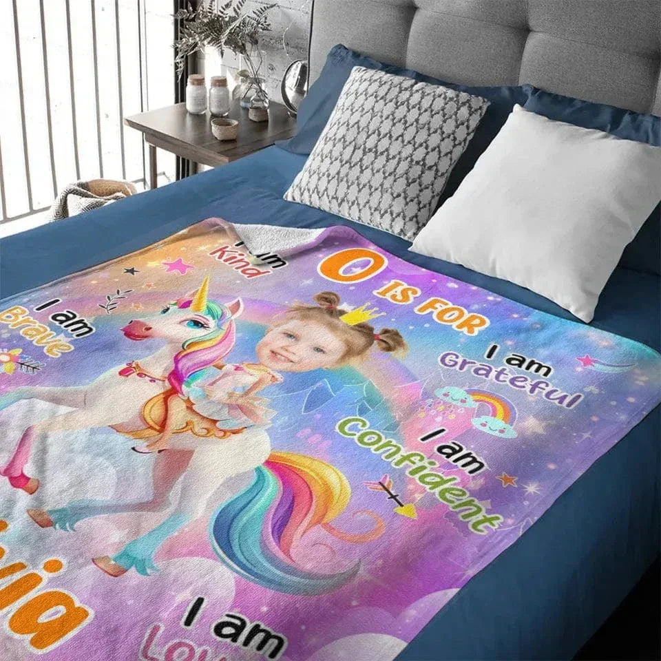 Cartoon Unicorn Customized Blanket - Personalized Name and Photo Soft Flannel Blanket - A Gift For Daughters, Girls - Joliny